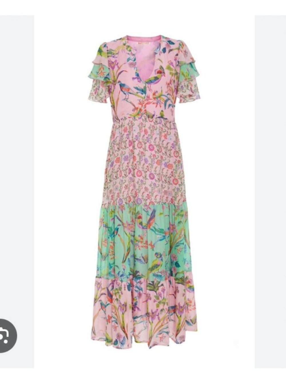 Banjanan Jaya Garden Dress Womens XS Multicolor Floral Bird Print Tiered Maxi